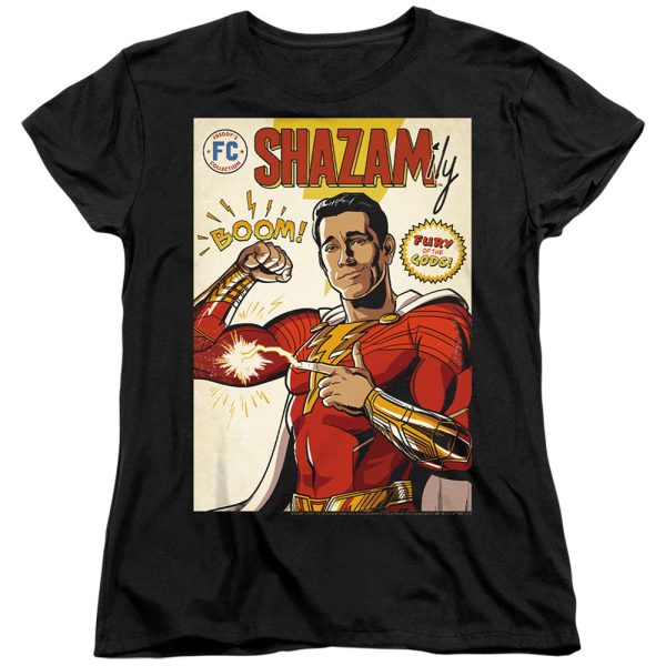 SHAZAM FURY OF THE GODS : SHAZAM COMIC COVER WOMENS SHORT SLEEVE Black MD Online Hot Sale